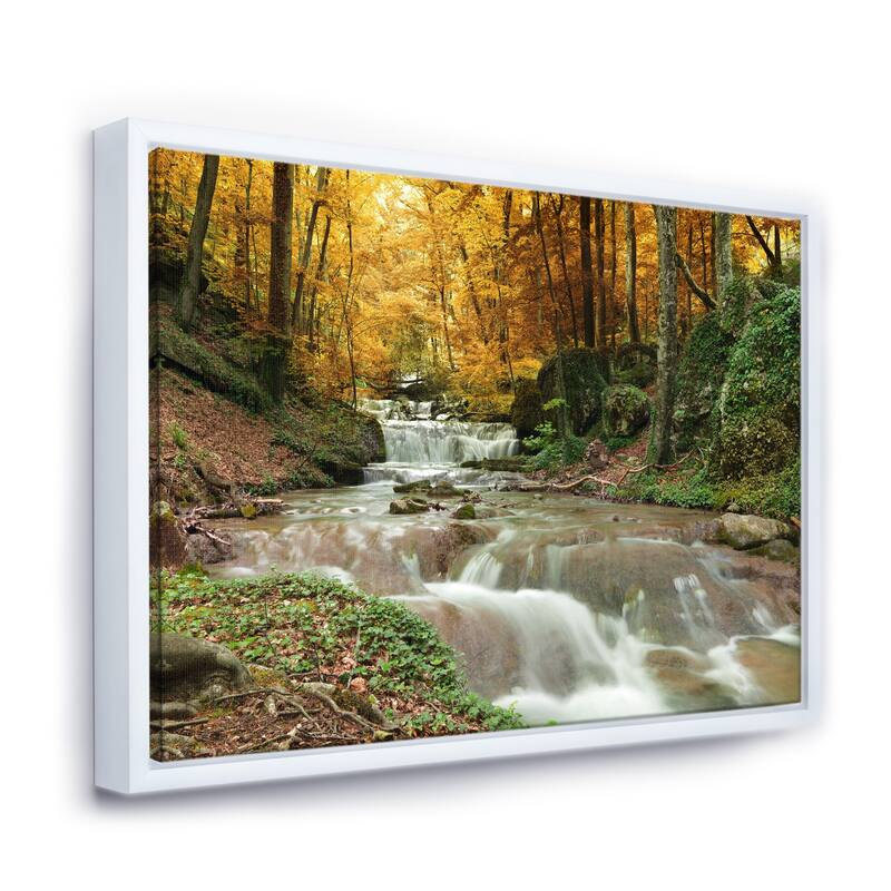 Designart "Forest Waterfall with Yellow Trees" Large Landscape Framed Canvas Art Print - 40 in. wide x 30 in. high - White