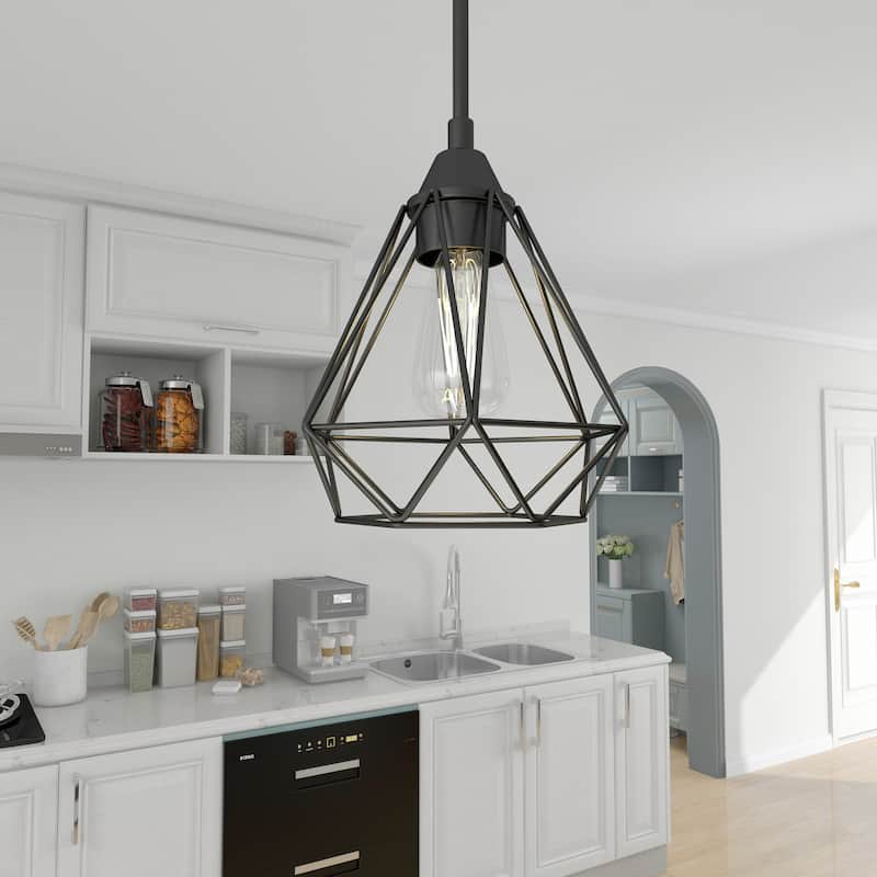 1-light pendant with black finish and steel cage shade - Black