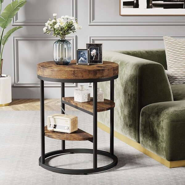 Round End Table 3 Tiers Side Table with Storage for Living Room Brown Black