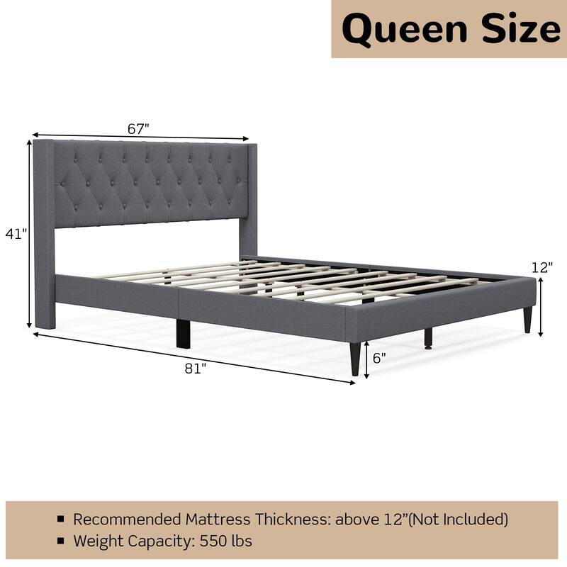Upholstered Platform Bed with Button Tufted Wingback Headboard