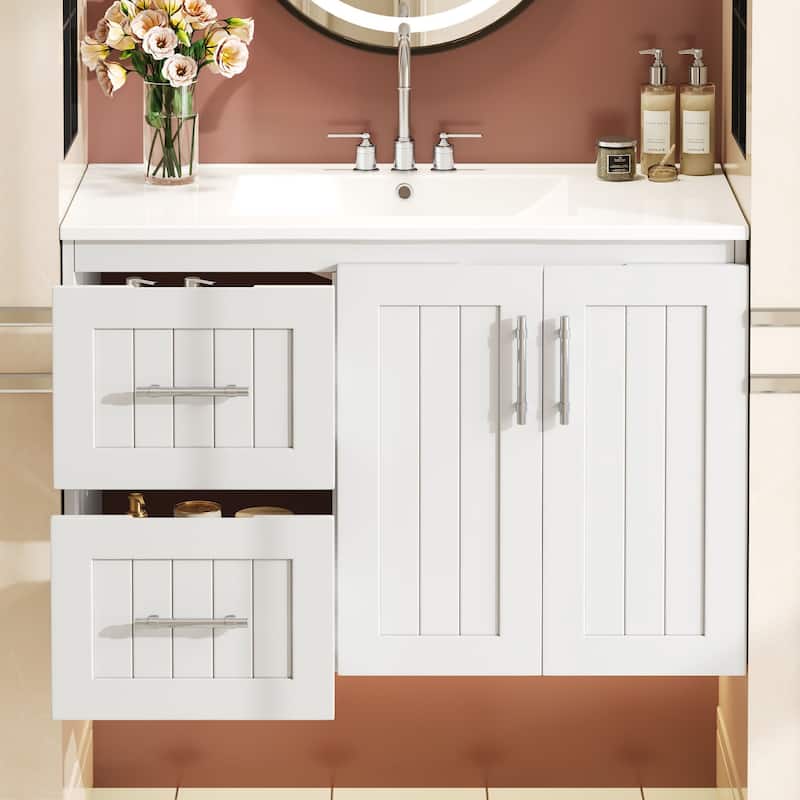 36" Wall Mounted Bathroom Vanity with 2 Drawers, Floating Vanity with Ceramic Sink & Adjustable Shelf, Modern Bathroom Storage