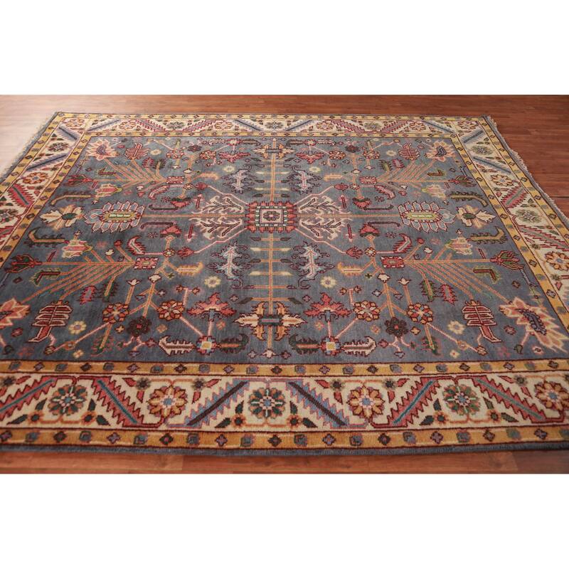 Gray Blue Geometric Oushak Oriental Area Rug Hand-Knotted Wool Carpet - 7'10" x 9'10"