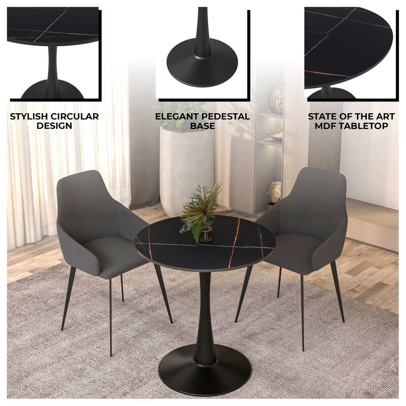 Bristol 27" Round Minimalist Dining Table Sintered Stone Top & Black Iron Pedestal Base for Kitchen & Dining Room