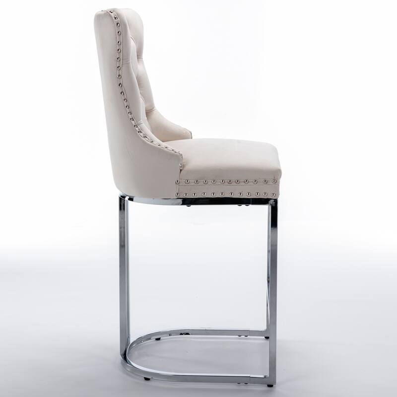 Roomfitters Velvet Counter Height Bar Stools Set of 2, Tufted Upholstered Bar Chairs with Nailhead Trim and Chrome Metal Base