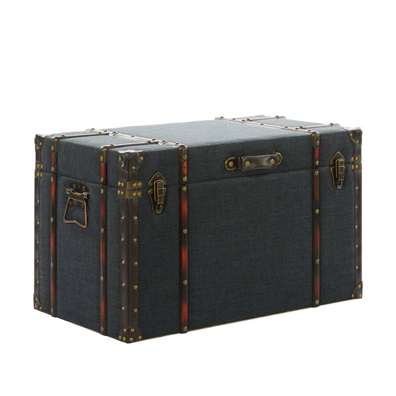 Blue Linen Fabric Nesting Upholstered Decorative Trunk with Buckle Hinged Top (Set of 3)