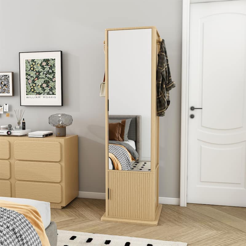 360° Rotating Jewelry Cabinet with Full-Length Mirror - Walnut