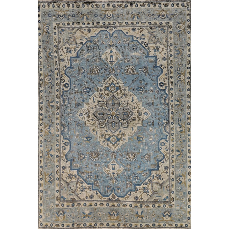 Geometric Blue Tabriz Persian Area Rug Floral Handmade Wool Carpet - 6'7"x 9'6"