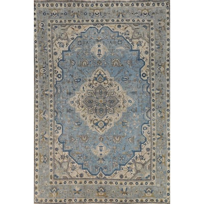 Geometric Blue Tabriz Persian Area Rug Floral Handmade Wool Carpet - 6'7"x 9'6"
