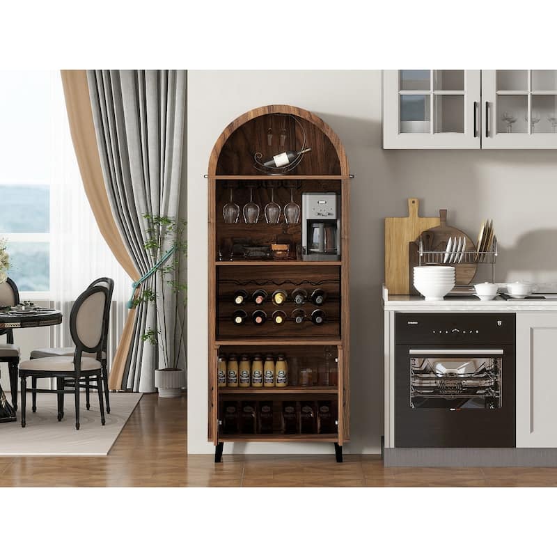 71"Farmhouse Arched Wine Bar Cabinet, Arch Cabinets &Coffee Bar, Whiskey Station With Wine Rack And Wine Glass Holder