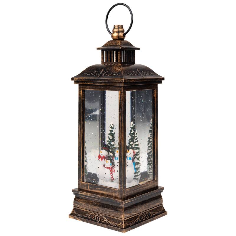 11" Black Brushed Gold LED Snowman Family Christmas Lantern Snow Globe
