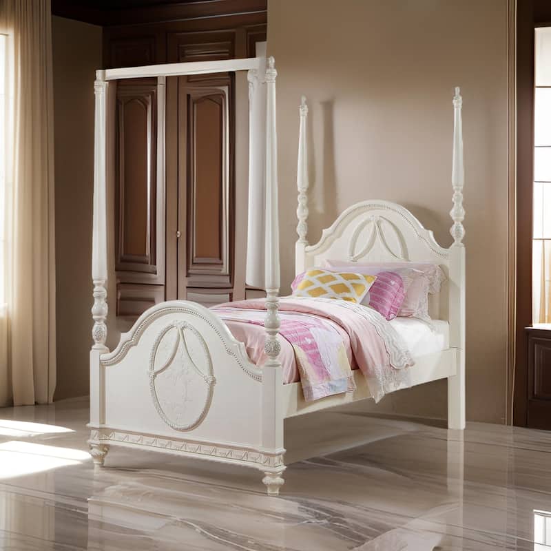 Dorie Full Size Poster Bed, Embossed Floral and Oval Molding, Ivory