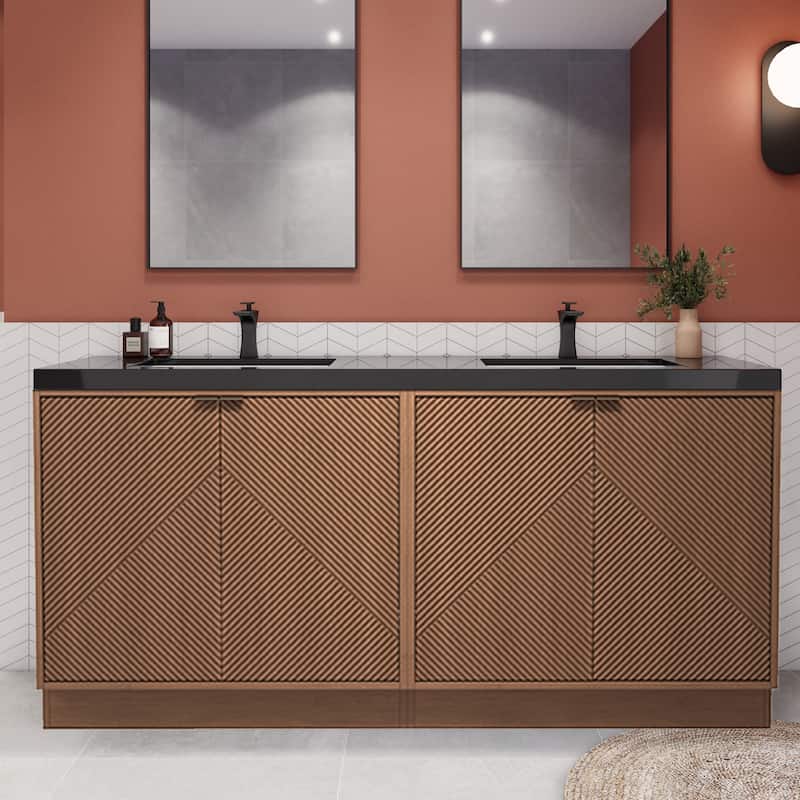 Milano 72" Freestanding Bathroom Vanity with Double Black Acrylic Sink - 70.86" x 19.49" x 35.46'' - Chestnut Brown