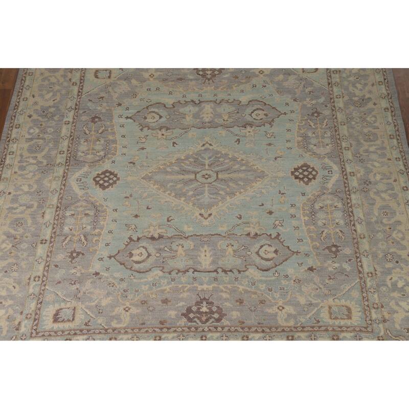 Hand Knotted Oriental 100% Wool Carpet Transitional Floral Navy Blue & Blues Oushak Area Rug - 9' 5'' X 8' 3''