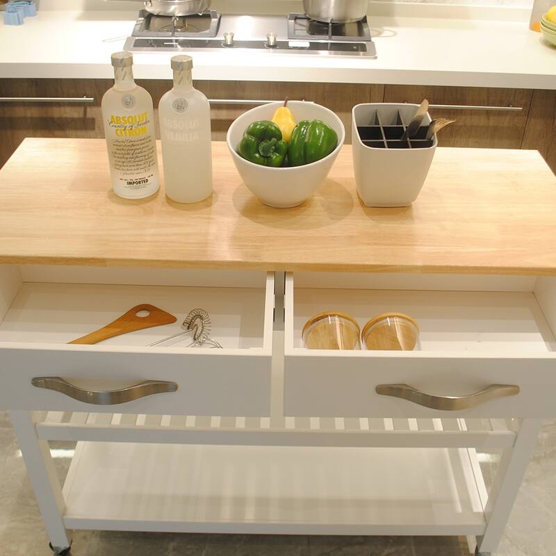 Rolling Kitchen Cart with Rubber Wood Top, Towel Rack, 2 Lockable Wheels & Storage Drawers