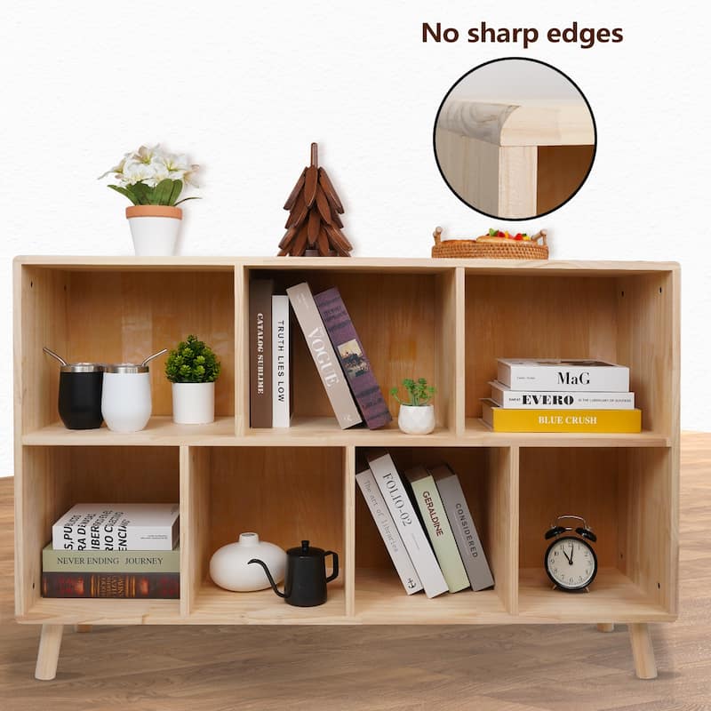 Solid Pine Wood 7-Compartment Storage Cabinet, 45.5"L x 29.1"H Fixed Shelves Organizer, Multi-Compartment Cabinet