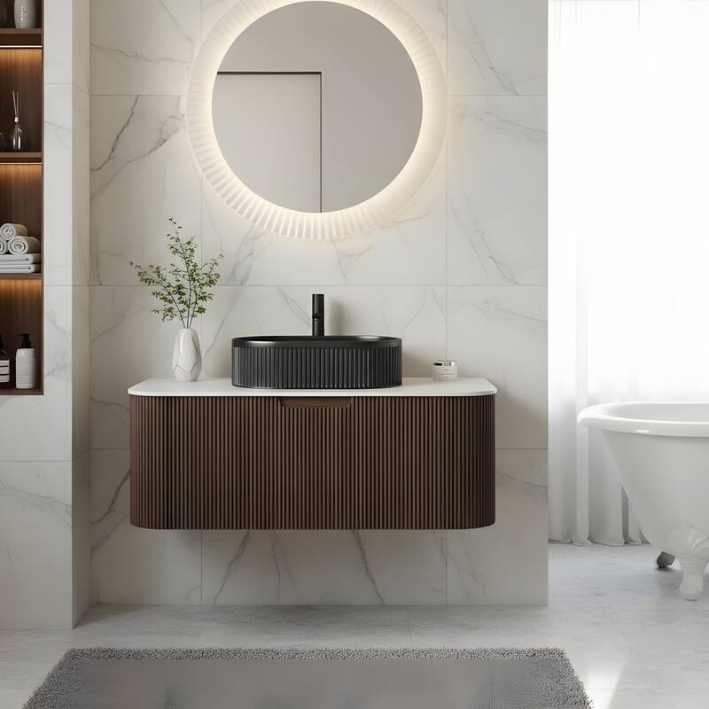Wall Mounted Bathroom Vanity with Black Oval Ceramic Basin - 36 - Dark Walnut