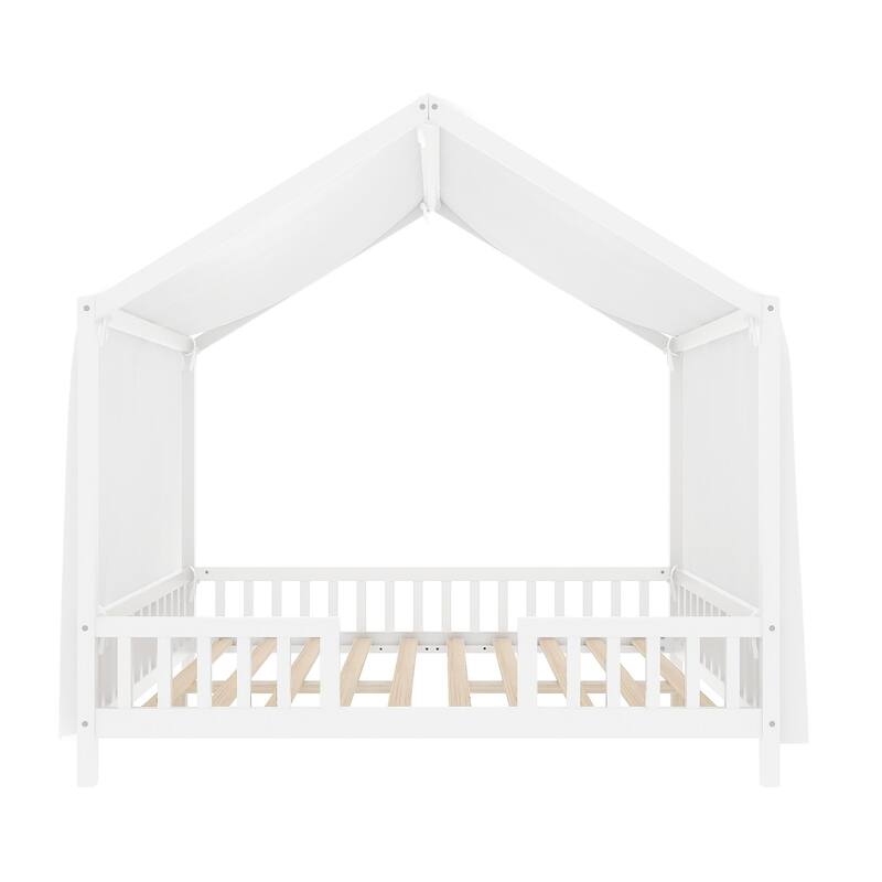 Montessori Bed, House-shape Frame Platform Bed for Kids Toddler, Wood House Daybed with High Railings and Roof, Canopy Bed Frame