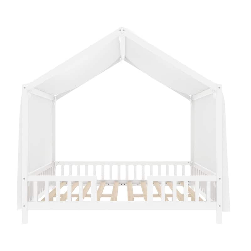 Montessori Toddler Bed Kids House Bed with Airy Canopy, Wood Bed Frame Bed Tent with 4 Full Guardrails, No Box Spring Needed