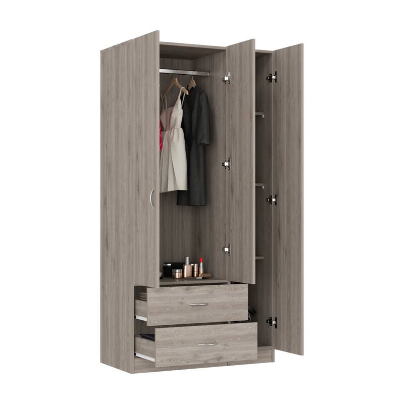 35.4" Modern Three-door Armoire with Hanging Rod, 5 Tall Spacious Shelves and Two Drawers