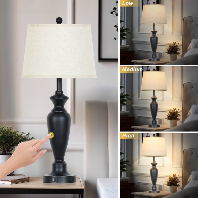 30'' Black Modern Table Lamps with USB-C Charging, Touch Dimmer(Set of 2) - 13'' x 13'' x 30