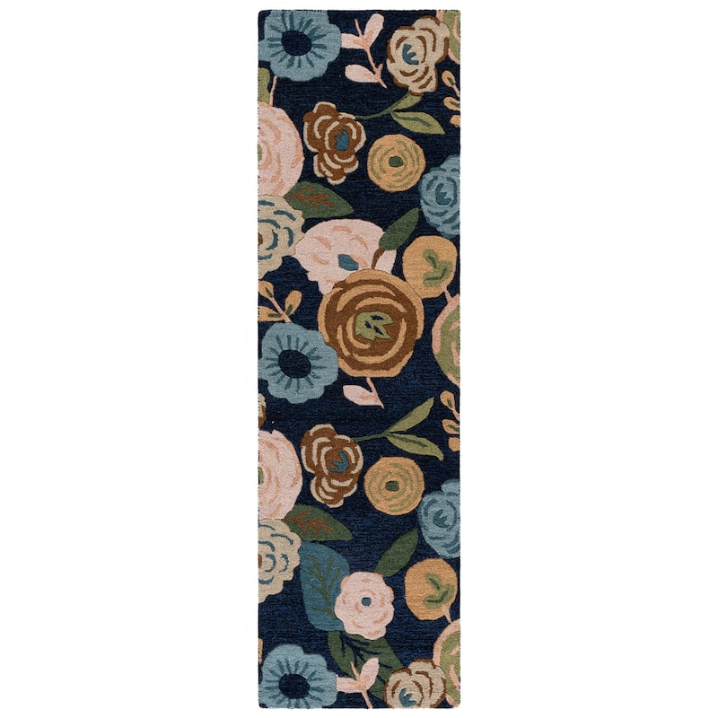 SAFAVIEH Handmade Jardin Massumah Floral Wool Rug - 2'3" x 8' Runner - Navy/Light Blue