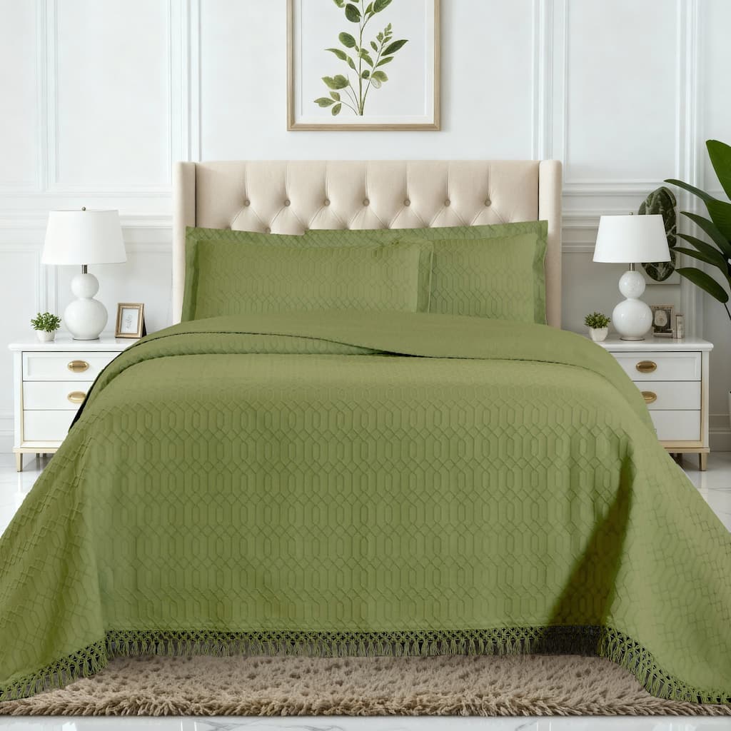 Blue Nile Mills Geometric Jacquard Cotton Blend 3-Piece Bedspread Set with Fringe