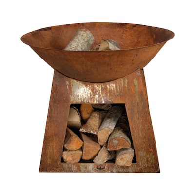 29.25" Brown Solid Rustic Finish Patio Garden Fire Bowl Storage