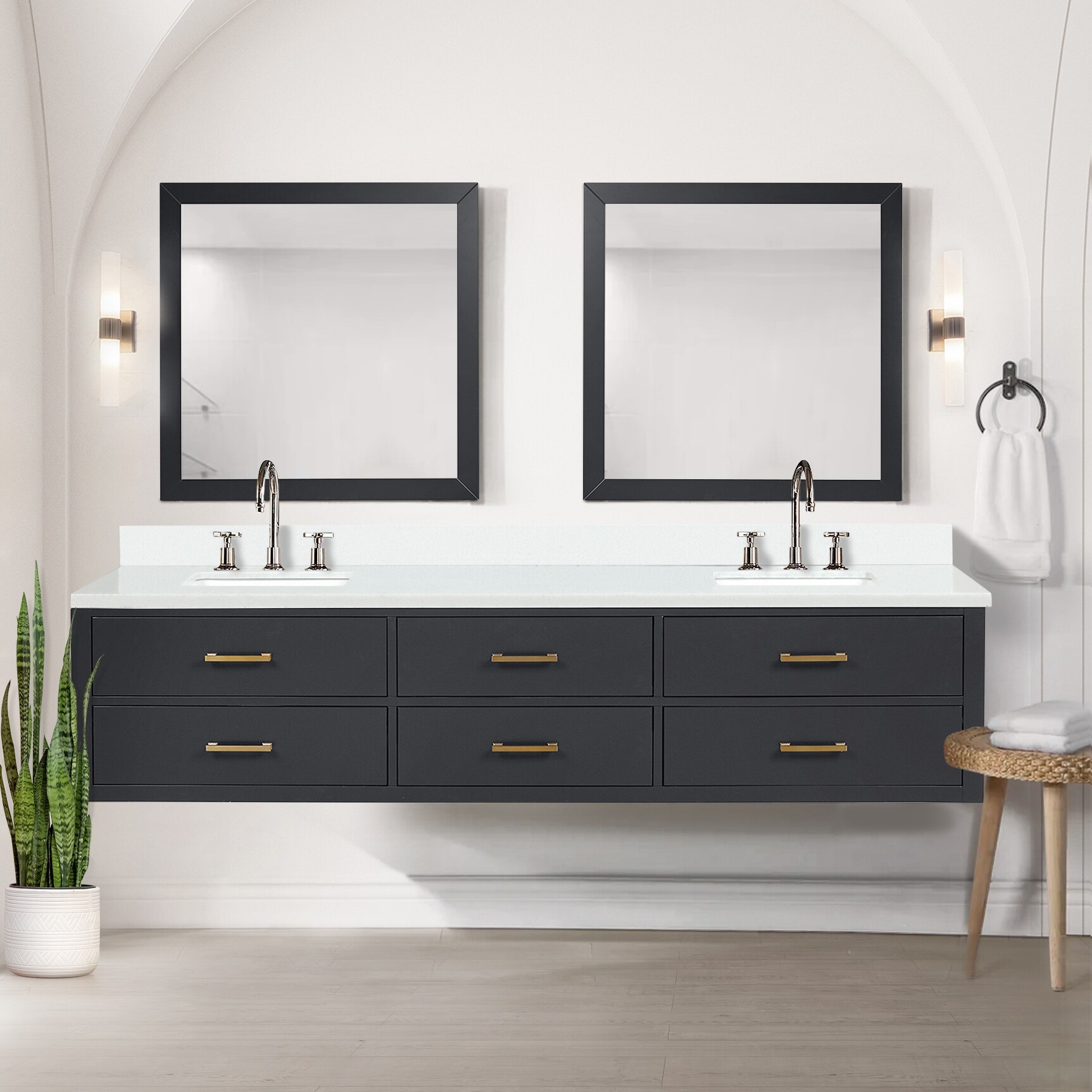 Castor 60 in W x 22 in D Black Double Bath Vanity and White Quartz Top