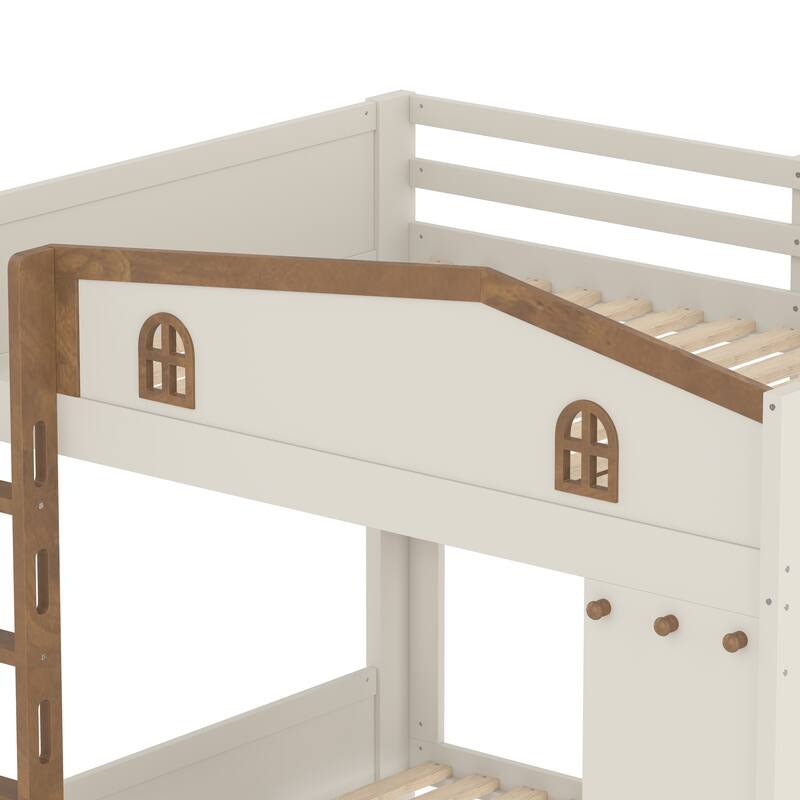 House-shaped Bunk Bed with Hooks, Storage Shelves, Safety Guardrails and Optional with Underbed Drawers or Trundle Bed