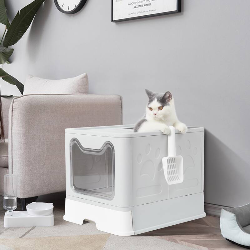 Foldable Cat Litter Box Lid Scoop Drawer Large Top Entry Anti-Splashing Cat Litter Scoop
