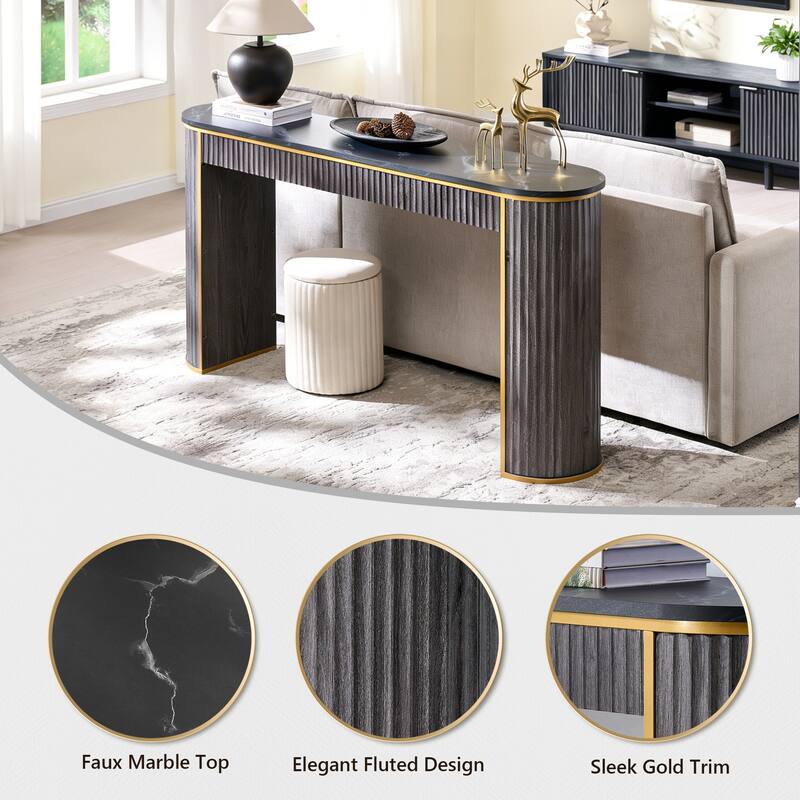 Modern 63" Fluted Console Table, Faux Marble Texture Top, Entry Table