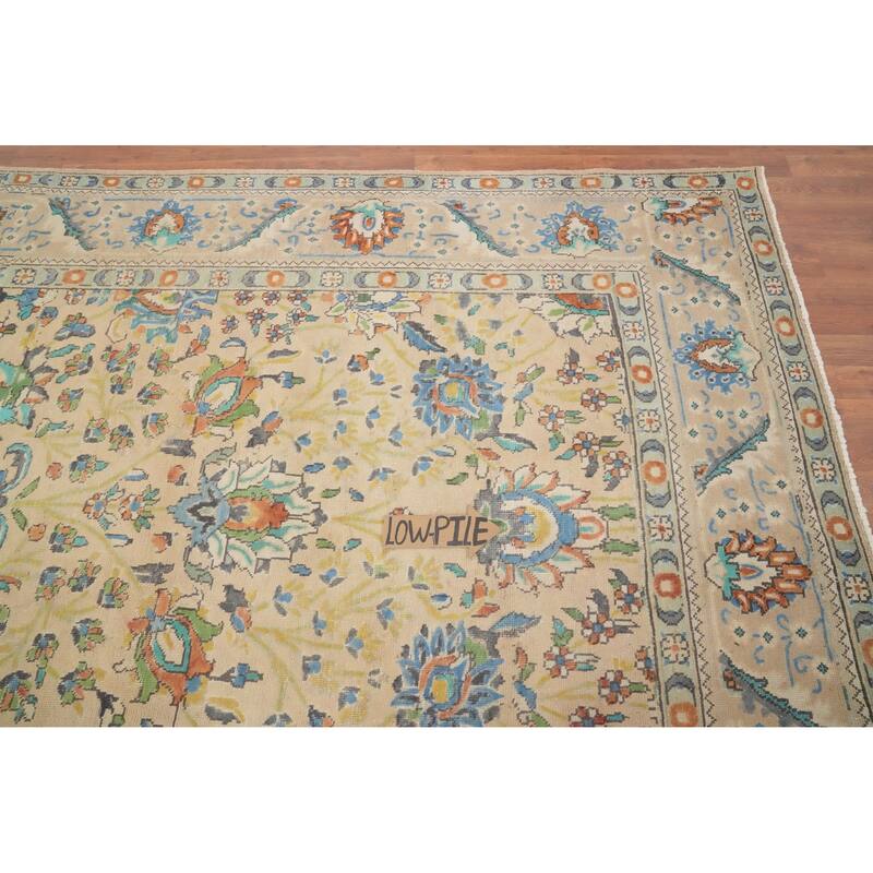Hand Knotted Oriental 100% Wool Carpet Traditional All-Over Beige & Ivories Tabriz Area Rug - 12' 2'' X 10' 3''
