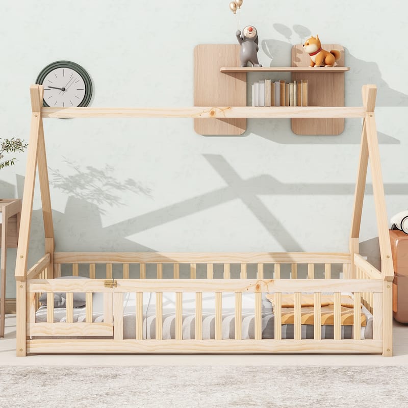 Twin Tent-shaped Floor Bed with Guardrails - Natural