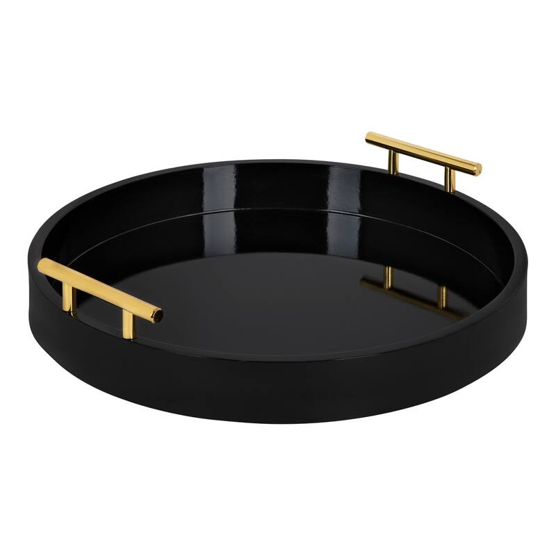 Kate and Laurel Lipton Round Decorative Tray with Metal Handles - 15.5" Diameter - Black/Gold