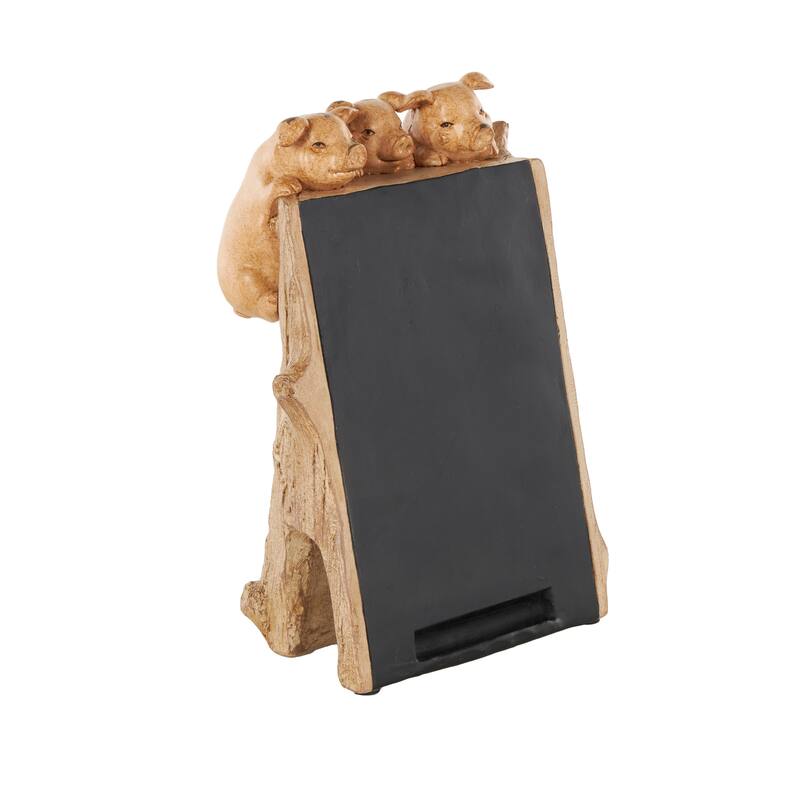 Black Polystone Chalkboard Pig Decorative Sign with Brown Tree Trunk Frame