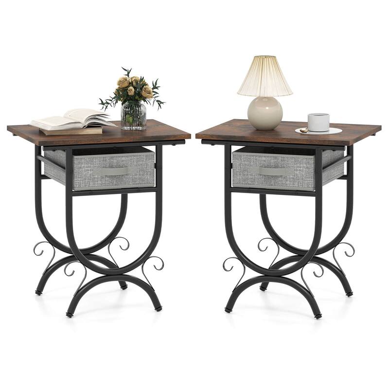 Set of 1/2 Modern End Table w/ Fabric Drawer Nightstand w/ Wood Top - 2 pcs