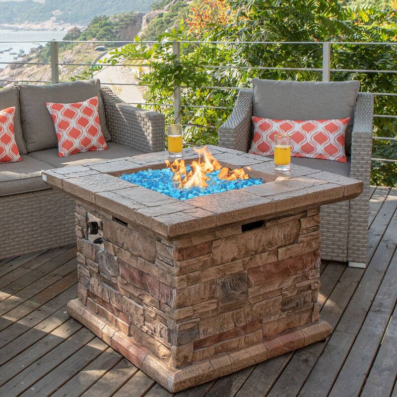 COSIEST Outdoor Square Propane Fire Pit Table w Faux Brown Ledgestone - 32" W x 32" D x 25" H