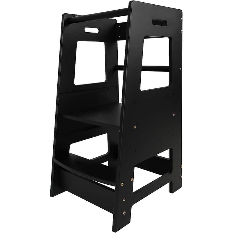 Toddler Standing Tower Kitchen Step Stool Adjustable Height Learning Stool,Helper Removable Anti-Drop Safety Rail Stool - Black