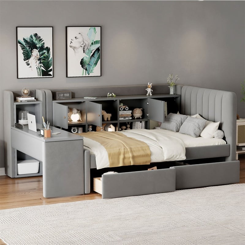 Twin Size Daybed with 2 Storage Drawers, Shelves, Flip Cabinets & Side Table, Upholstered Sofa Bed Frame w/Upholstered Headboard