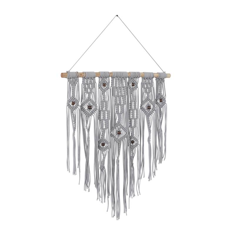 Cotton Fabric Macrame Handmade Intricately Weaved Wall Decor with Beaded Fringe Tassels - Gray - Roche River Decor
