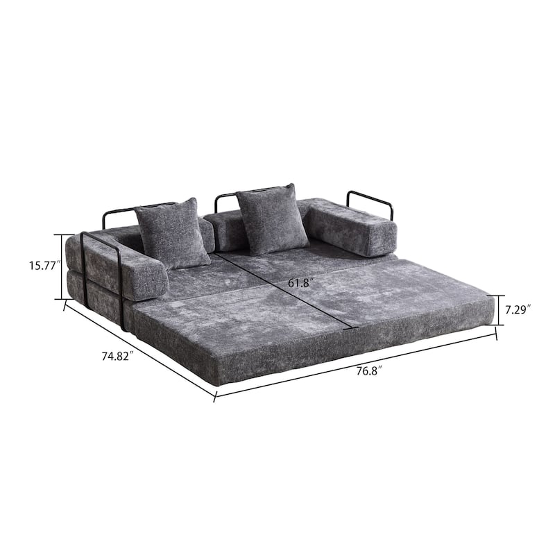 Modern Minimalist Compressed Upholstered Convertible Two-Seater Sofa Bed with External Metal Frame