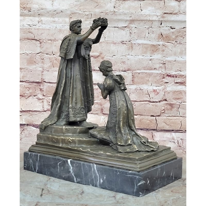 Bronze Coronation Sculpture – Medieval King Crowning Queen Statue On Marble Base