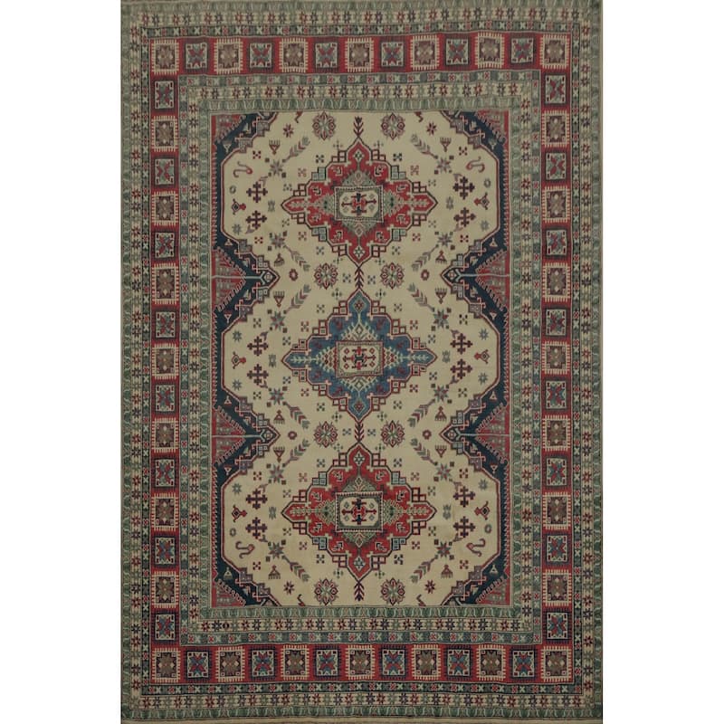 Hand Knotted Oriental 100% Wool Carpet Traditional Geometric Beige & Ivories Kazak Area Rug - 9' 10'' X 8' 4''