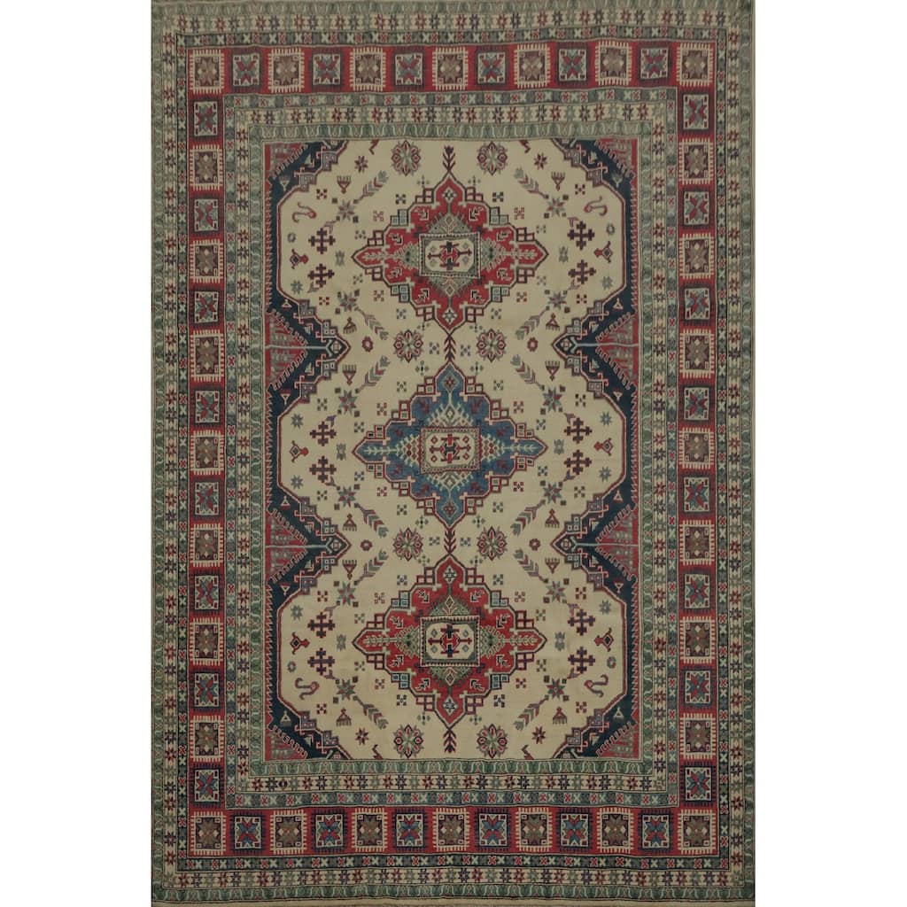 Hand Knotted Oriental 100% Wool Carpet Traditional Geometric Beige & Ivories Kazak Area Rug - 9' 10'' X 8' 4''