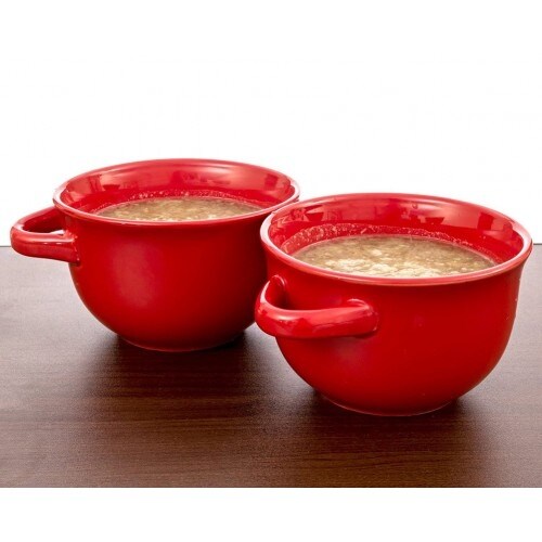 CrockPot Double Handle Ceramic Soup Bowls Savory Sip, Set Of 2, Red, 22 Ounces
