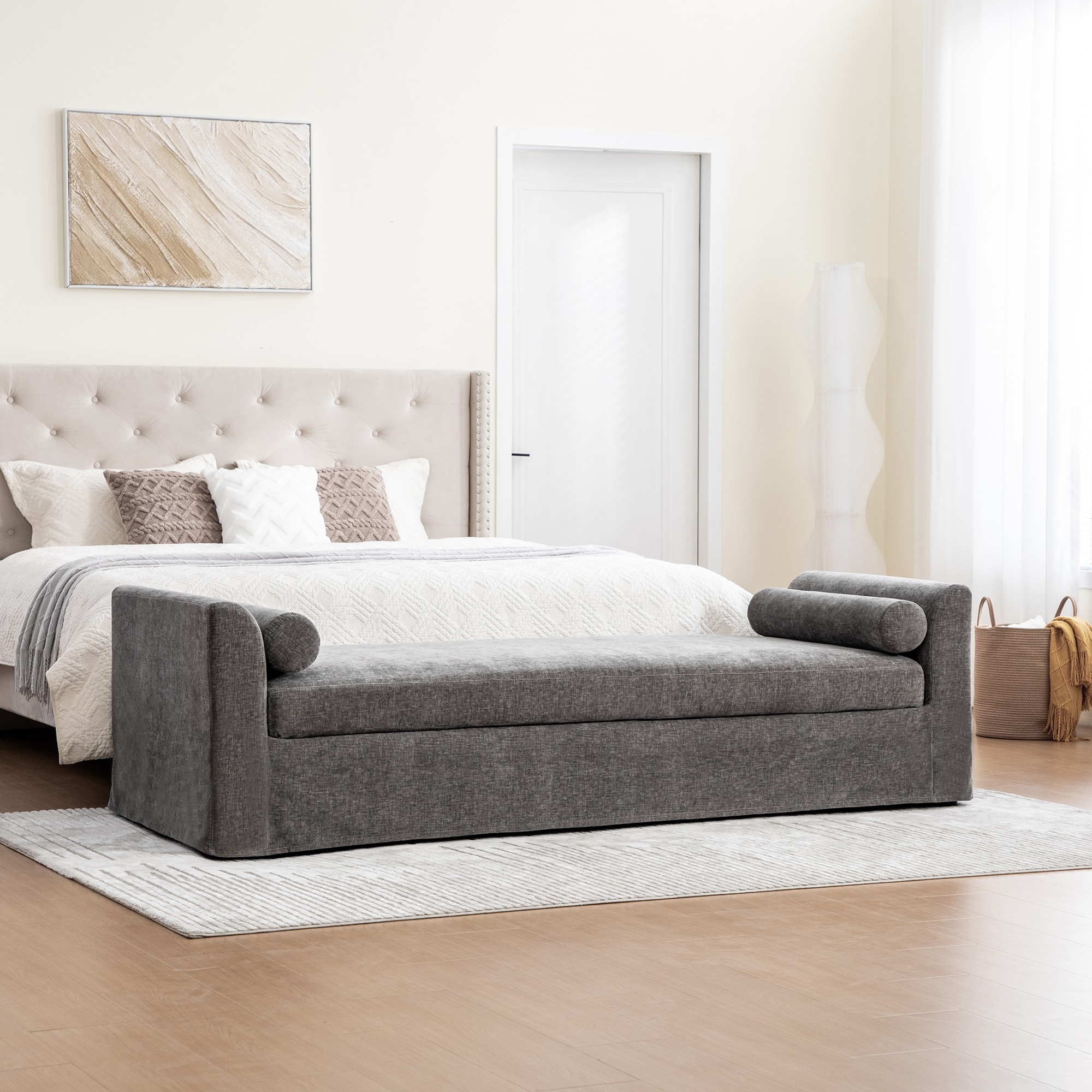 Modern Bench With Armrests And Bolster Pillows For Living Room And Entryway