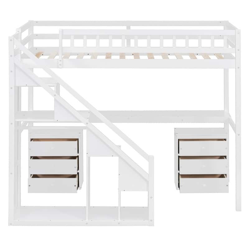 Twin/Full Size Loft Bed with Desk and Light Strip, Storage Bed Frame with Two Chest of Drawers & Clothes Hanging Rod