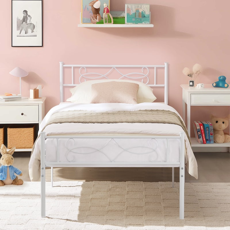 Javlergo Elegant Metal Platform Bed Frame with Headboard and Footboard Under Bed Storage Foundation No Box Spring Needed - White - Twin
