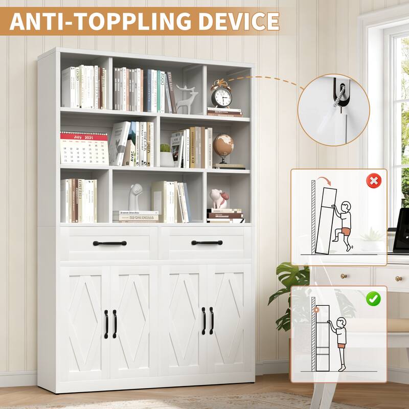 Rossetta 2-Door Modern Tall Metal Bookcase with Drawers and Fixed Open Shelves