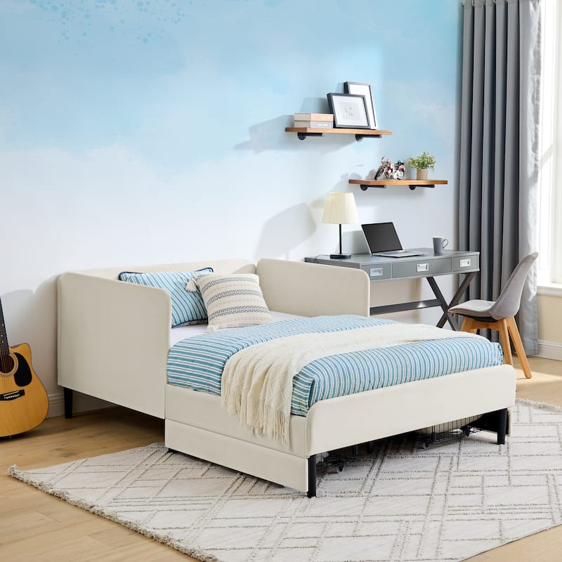 Velvet Upholstered Bed Adjustable Daybed Full Size Sleeper Sofa Bed Frame with Storage Drawers for Living Room, Guest Room - Beige - Full
